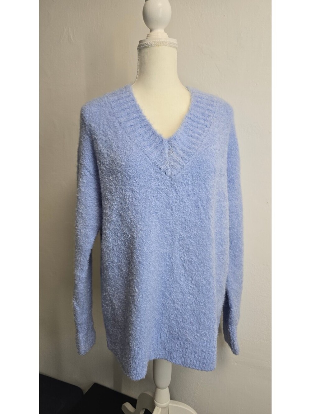 Aerie Blue Fuzzy V-Neck Oversized Sweater S/P Soft Cozy